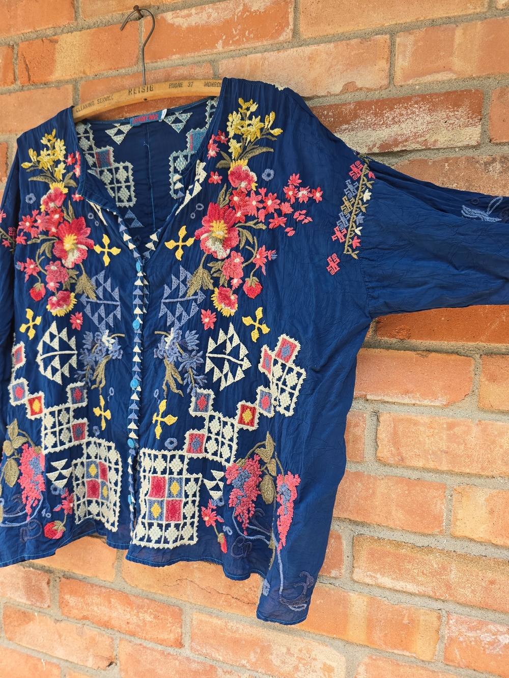 Embroidered Navy Floral Button-Front Women’s Top - Picture 2 of 9